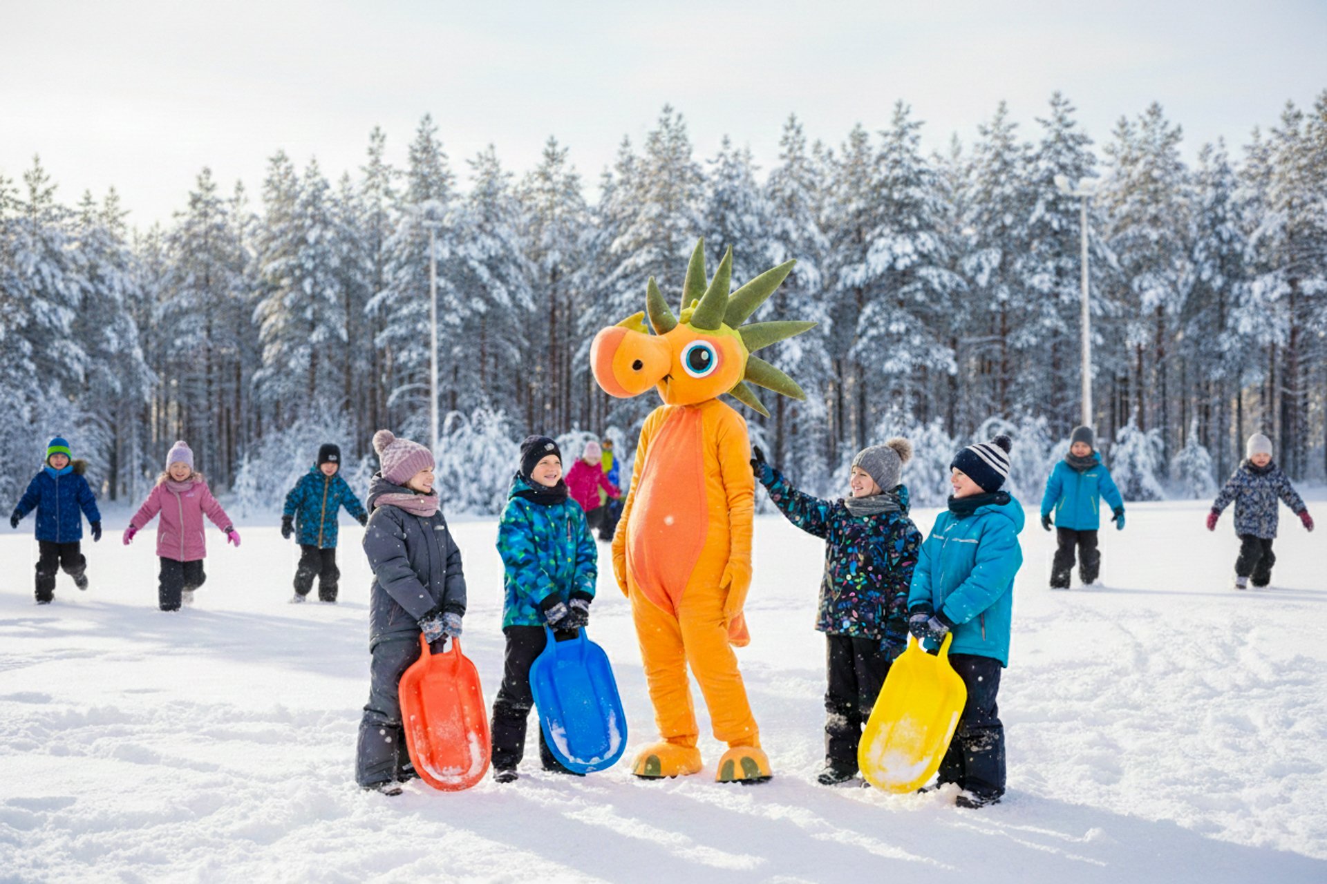 maskotti lasten ympäröimänä